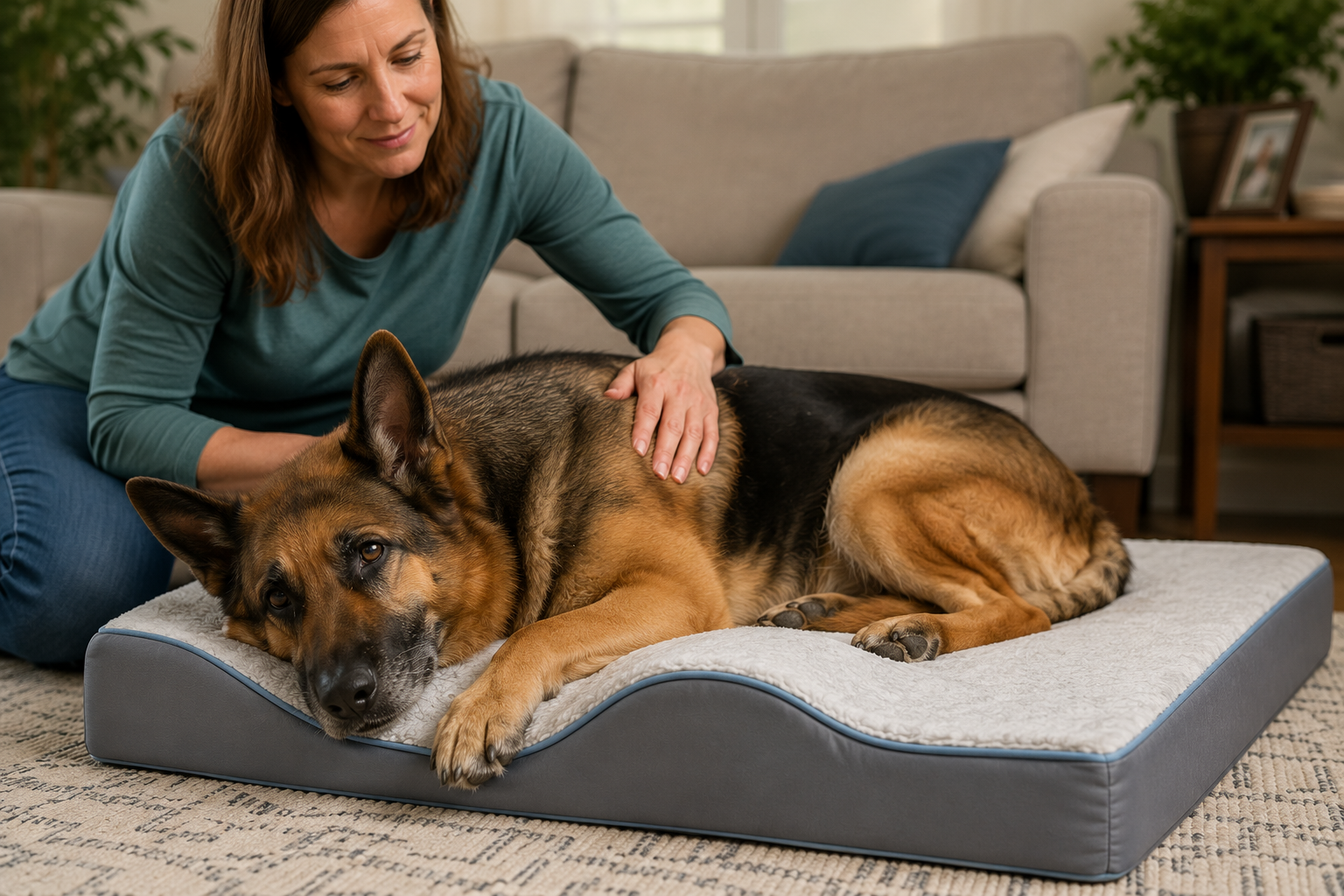 Woman with a German Shepard on an orthopedic dog bed illustrating sleep support
